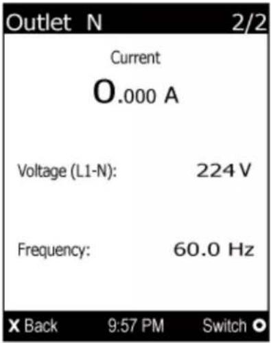 Outlet N 2/2 Current O.000 A Voltage (L1-N): 224 V Frequency: 60.0 Hz X Back 9:57 PM Switch ○