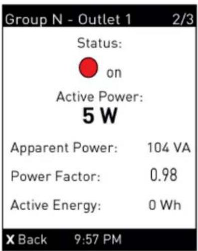 Group N - Outlet 1 2/3 Status: on Active Power: 5 W Apparent Power: 104 VA Power Factor: 0.98 Active Energy: 0 Wh X Back 9:57 PM