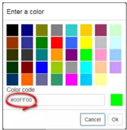 Enter a color Color code #00FF00 Cancel Ok