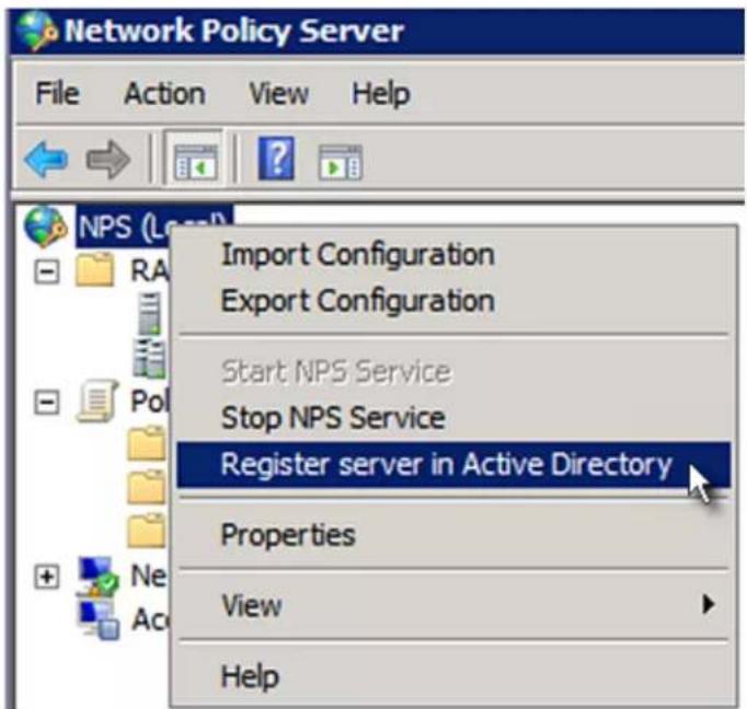 Network Policy Server File Action View Help NPS (L) Import Configuration Export Configuration Start NPS Service Stop NPS Service Register server in Active Directory Properties View Help