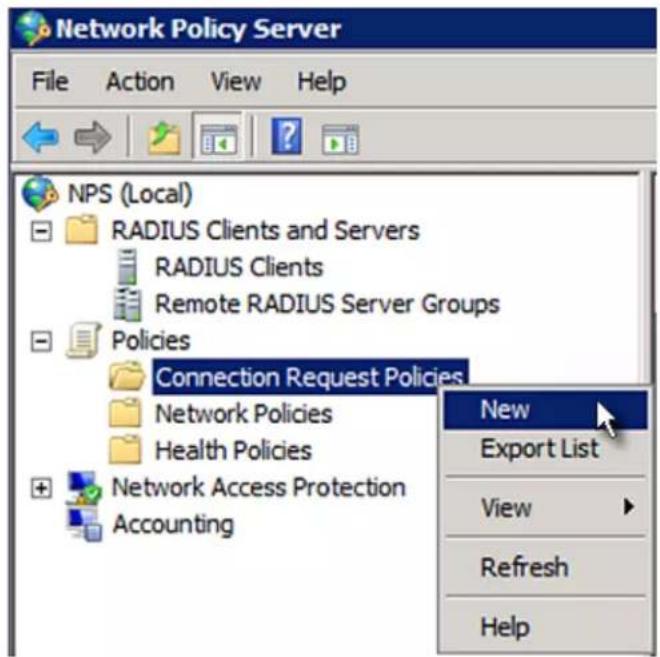 Network Policy Server File Action View Help NPS (Local) RADIUS Clients and Servers RADIUS Clients Remote RADIUS Server Groups Policies Connection Request Policies Network Policies Health Policies Network Access Protection Accounting New Export List View Refresh Help