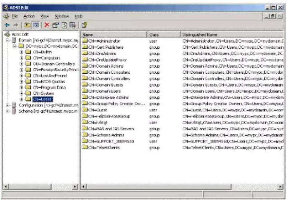 ADST Edit File Action View Window Help ADST Edit Domain [rd-gdf4]2nemat.mypc.my DC=mypc,DC=mydomain,DC CN=Authin CN=Computers OU-Domain Controllers CN=ForeignSecurityPrinc1 CN=LostAndFound CN=NTDS Quotes CN=Program Data CN=System CN=Users Configuration [rc-gf9]2nemet.me Scheme [rc-gf4]2nemet.mypc.m Name Class Distinguished Name CN=Administratoricer CN=Cert Publishers CN=OnsAdmins CN=OnsUpdateProxy CN=Domain Admins CN=Domain Computers CN=Domain Controllers CN=Domain Guests CN=Domain Users CN=Enterprise Admins CN=Group Policy Creator Own... CN=Guest CN=WebServicesGroup CN=vrbgt CN=PA5 and IAS Servers CN=Schema Admins CN=SLUPPORT_3B89H5a0 CN=TelnetClients user group user group group user group group group CN=Administrator,ON=Users,DC=mypc,DC=mydomain,DC CN=Cert Publishers,ON=Users,DC=mypc,DC=mydomain CN=OnsAdmins,ON=Users,DC=mypc,DC=mydomain,DC CN=OnsUpdateProxy,ON=Users,DC=mypc,DC=mydomain CN=Domain Admins,ON=Users,DC=mypc,DC=mydomain CN=Domain Computers,ON=Users,DC=mypc,DC=mydomain CN=Domain Controllers,ON=Users,DC=mypc,DC=mydomain CN=Domain Guests,ON=Users,DC=mypc,DC=mydomain CN=Domain Users,ON=Users,DC=mypc,DC=mydomain,I CN=Enterprise Admins,ON=Users,DC=mypc,DC=mydomain CN=Group Policy Creator Owners,ON=Users,DC=mypc,I CN=Guest,ON=Users,DC=mypc,DC=mydomain,DC=com CN=WebServicesGroup,ON=Users,DC=mypc,DC=mydomain CN=vrbgt,ON=Users,DC=mypc,DC=mydomain,DC=com CN=PA5 and IAS Servers, CN=Schema Admins, CN=SLUPPORT_3B89H5a0, CN=TelnetClients, CN=Supporter,ON=Users,DC=mypc,DC=mydomain, CN=SLUPPORT_3B89H5a0, CN=TelnetClients, CN=Users,DC=mypc,DC=mydomain,I