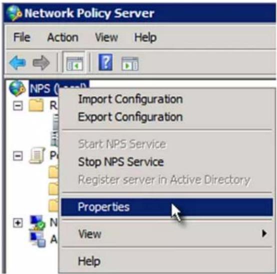 Network Policy Server File Action View Help Import Configuration Export Configuration Start NPS Service Stop NPS Service Register server in Active Directory Properties View Help
