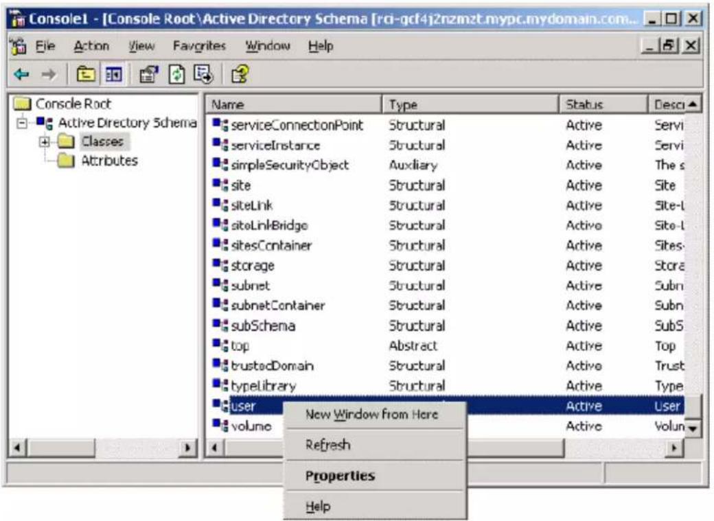Console1 - [Console Root\Active Directory Schema [rci-qcf4]2nzmzt.mypc.mydomain.com... File Action View Favorites Window Help Console Root Active Directory Schema Classes Attributes Name Type Status Desci serviceConnectionPoint Structural Active Servi serviceInstance Structural Active Servi simpleSecurityObject Auxiliary Active The s site SStructural Active Site siteLink Structural Active Site-L siteLinkBridge SStructural Active Site-L sitesContainer SStructural Active Sites- storage SStructural Active Store subnet Structural Active Subn subnetContainer SStructural Active Subn subSchema Structural Active SubS top Abstract Active Top trustedDomain SStructural Active Trust typelibrary SStructural Active Type User New Window from Here Active User volume Active Volun Refresh Properties Help