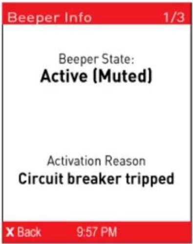 Beeper Info 1/3 Beeper State: Active (Muted) Activation Reason Circuit breaker tripped X Back 9:57 PM