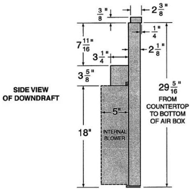 SIDE VIEW OF DOWNDRAFT 3/8" 2 3/8" 7 11/16" 3 1/4" 3 5/8" 5" INTERNAL BLOWER 18" 2 1/8" 1/4" 29 5/16" FROM COUNTERTOP TO BOTTOM OF AIR BOX