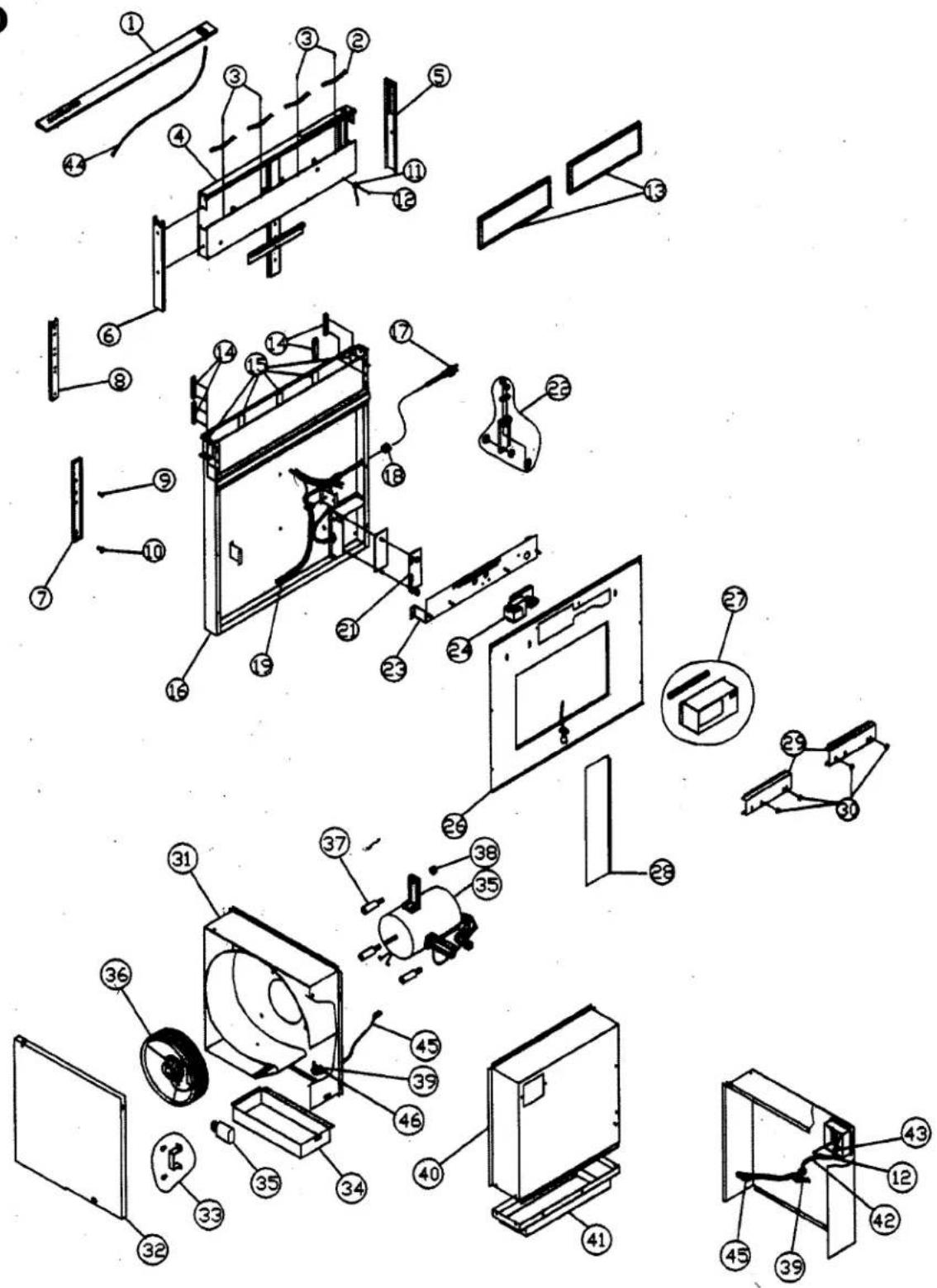 Exploded view diagram of a refrigerator assembly with numbered parts for identification