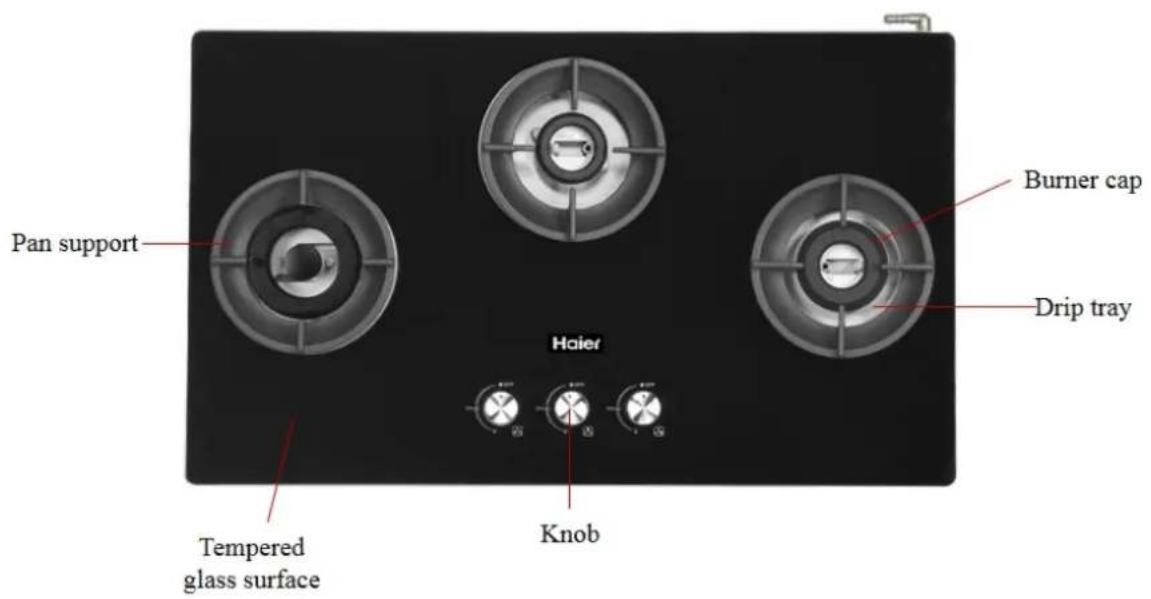Pan support Burner cap Drip tray Haier Tempered glass surface Knob