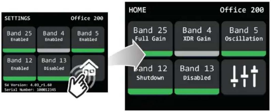 SETTINGS Band 25 Enabled Band 4 Enabled Band 5 Enabled Band 12 Enabled Band 13 Disabled SW Version: 4.03_r1.60 Serial Number: 100012345 Office 200 HOME Band 25 Full Gain Band 4 XDR Gain Band 5 Oscillation Band 12 Shutdown Band 13 Disabled Office 200