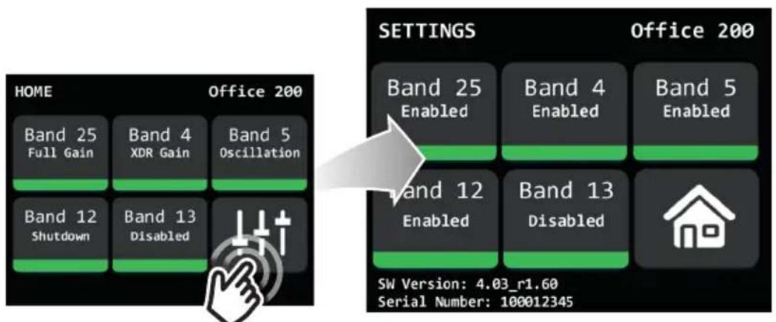 HOME Band 25 Full Gain Band 4 XDR Gain Band 5 Oscillation Band 12 Shutdown Band 13 Disabled Office 200 SETTINGS Band 25 Enabled Band 4 Enabled Band 5 Enabled Band 12 Enabled Band 13 Disabled Office 200 SW Version: 4.03_r1.60 Serial Number: 100012345