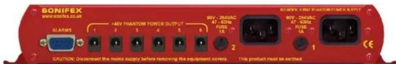 SONIFEX WWW.BONIFEX.COM.JK ALARMS +48V PHANTOM POWER OUTPUT 90V - 264VAC 47 - 63Hz FUSE 1A 2 90V - 264VAC 47 - 63Hz FUSE 1A CAUTION: Occennect the mains supply before removing the equipment covers. This product must be earned