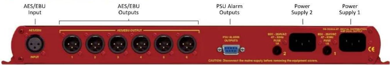AES/EBU Input AES/EBU OUTPUT PSU Alarm Outputs Power Supply 2 Power Supply 1 AES/EBU INPUT AES/EBU OUTPUT PSU ALARM OUTPUTS BSV - 264VAC 47 - 130Hz FUSE 1A 2 BSV - 264VAC 47 - 80Hz FUSE 1A CE CAUTION: Disconnect the mains supply before removing the equipment covers.