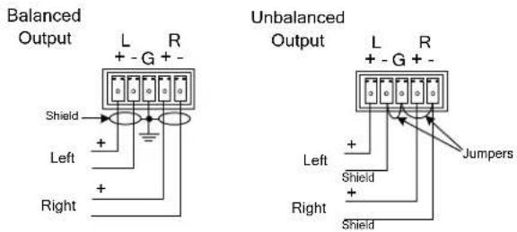 Balanced Output L R + - G + - Shield + Left + Right Unbalanced Output L R + - G + - Left + Shield + Right Shield Jumpers