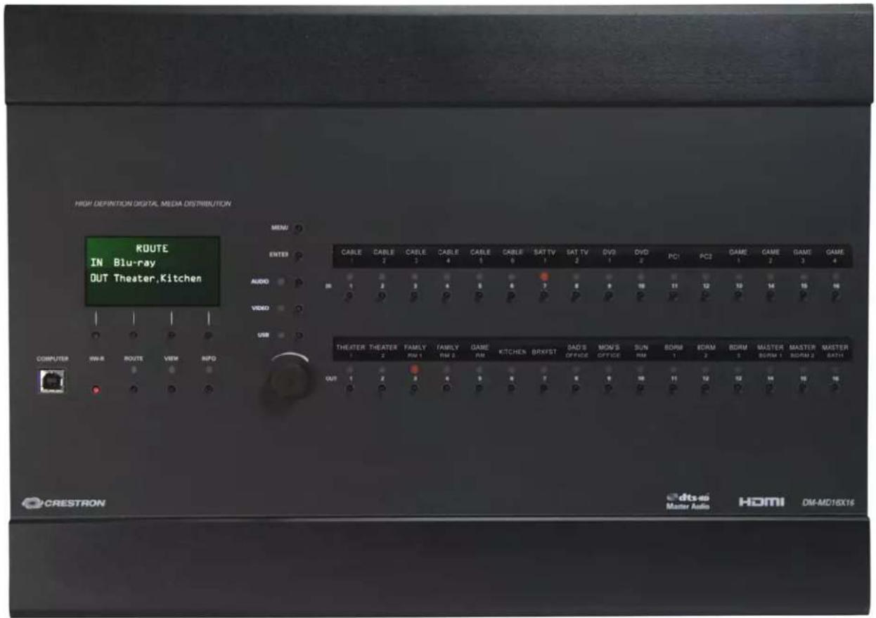 HIGH DEFINITION DIGITAL MEDIA DISTRIBUTION ROUTE IN Blu-ray OUT Theater,Kitchen MENU ENTER CABLE CABLE CABLE CABLE CABLE CABLE SATT TV SAT TV DVD DVD PC1 PC2 GAME GAME GAME AUDIO 1 2 3 4 5 6 7 8 9 10 11 12 13 14 15 16 VIDEO 2 3 4 5 6 7 8 9 10 11 12 USB COMPUTER WW-B ROUT VIEW INFO THEATER THEATER FAMILY FAMILY GAME KITCHEN BRIKST DAD'S MON'S SUN BORM BORM MASTER MASTER MASTER MASTER OUT 1 2 3 4 5 6 7 8 9 10 11 12 13 14 15 16 Dts-40 Master Audio HDMI DM-MD16X16