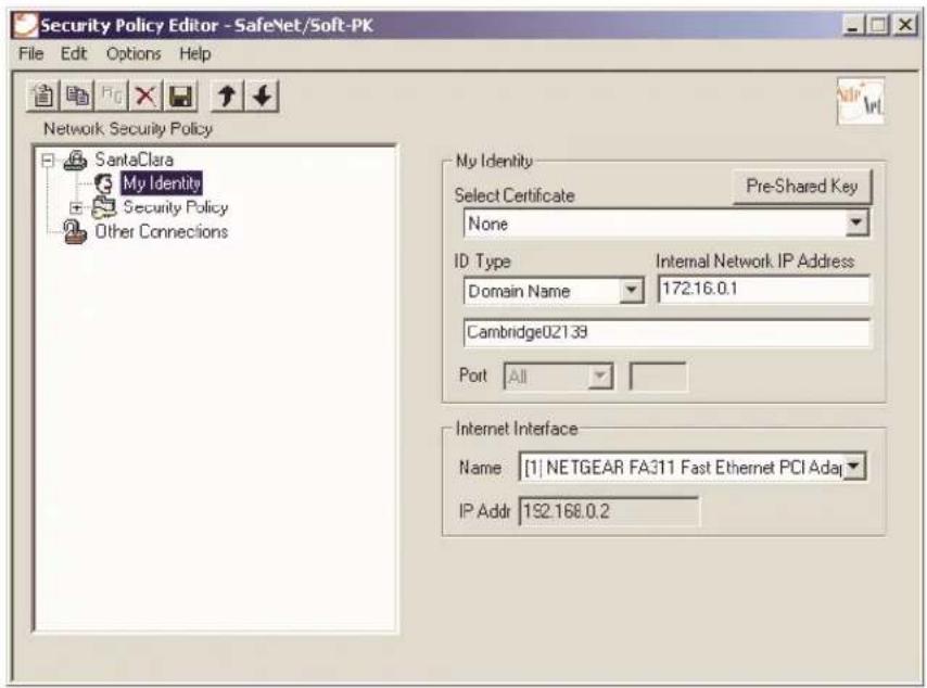 Security Policy Editor - SafeNet/Soft-PK File Edit Options Help Network Security Policy SantaClara My Identity Security Policy Other Connections My Identity Select Certificate Pre-Shared Key None ID Type Internal Network IP Address Domain Name 172.16.0.1 Cambridge02139 Port All Internet Interface Name [1] NETGEAR FA311 Fast Ethernet PCI Ada IP Addr 192.168.0.2