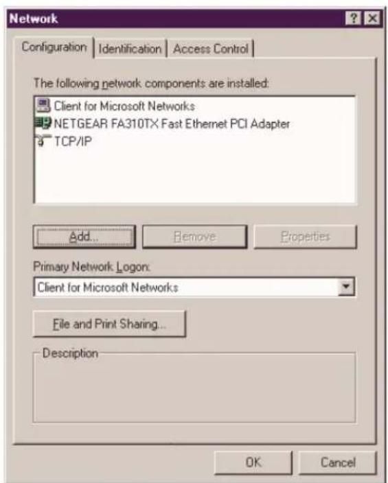 Network Configuration | Identification | Access Control | The following network components are installed: Client for Microsoft Networks NETGEAR FA310TX Fast Ethernet PCI Adapter TCP/IP Add... Remove Properties Primary Network Logon: Client for Microsoft Networks File and Print Sharing... Description OK Cancel