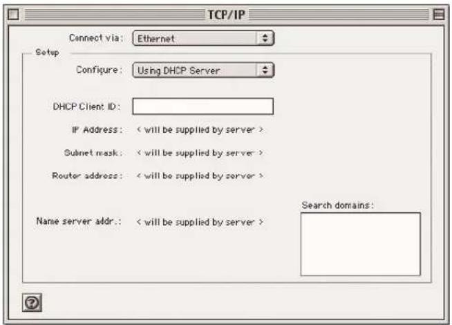 TCP/IP Connect via: Ethernet Setup Configure: Using DHCP Server DHCP Client ID: IP Address: < will be supplied by server > Subset mask: < will be supplied by server > Router address: < will be supplied by server > Name server addr.: < will be supplied by server > Search domains: