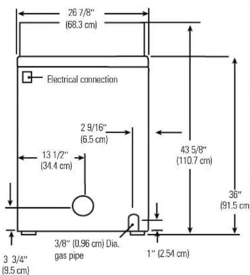 26 7/8" (68.3 cm) Electrical connection 13 1/2" (34.4 cm) 2 9/16" (6.5 cm) 3 3/4" (9.5 cm) 3/8" (0.96 cm) Dia. gas pipe 1" (2.54 cm) 43 5/8" (110.7 cm) 36" (91.5 cm)
