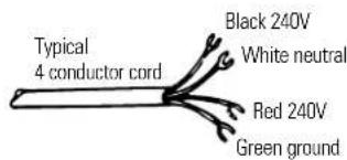 Typical 4 conductor cord Black 240V White neutral Red 240V Green ground