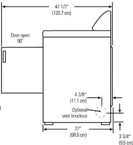 47 1/2" (120.7 cm) Door open 90° 4 3/8" (11.1 cm) Optional vent knockout 27" (68.6 cm) 3 3/4" (9.5 cm)