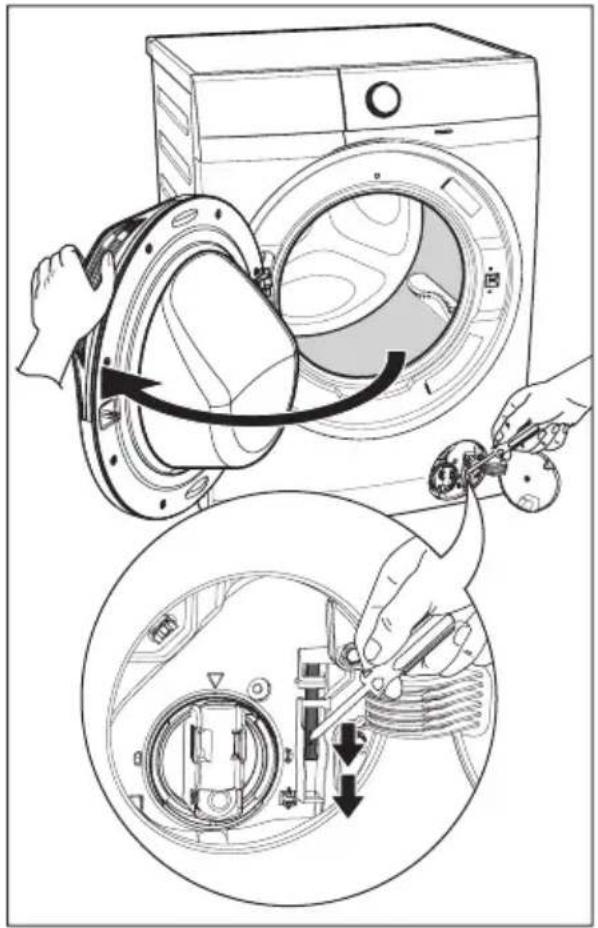 Diagram illustrating the installation of a washing machine with labeled components and directional arrows indicating motion.