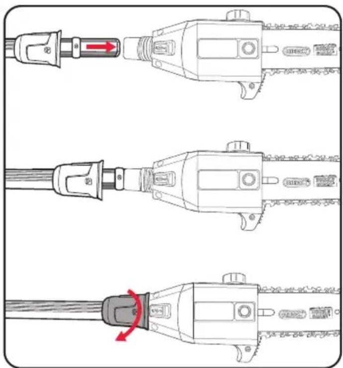 Technical diagram showing three stages of a cable connector with red arrows indicating transition or change in the process.
