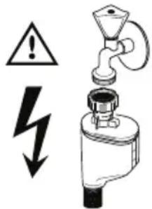 Safety warning symbol and diagram showing a faucet with a lightning bolt, indicating hazard or hazard.