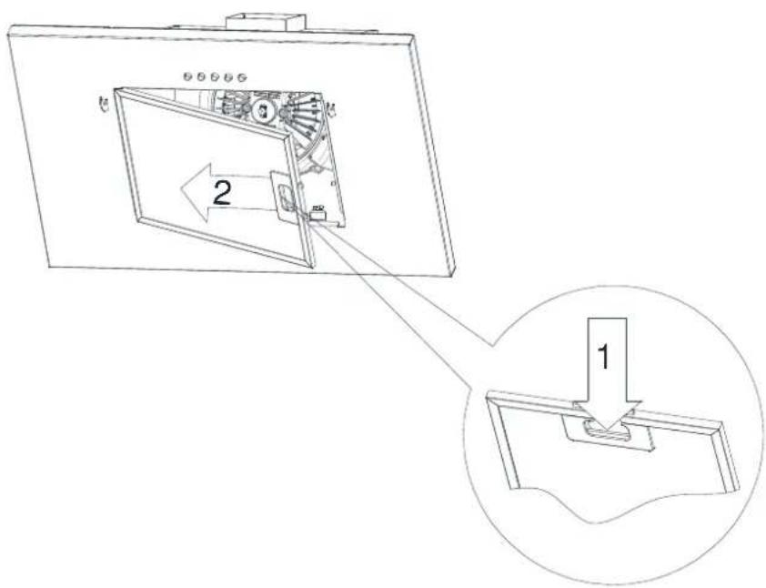 Technical diagram showing a mechanical assembly with labeled components and directional arrows, including numbered parts 1 and 2.