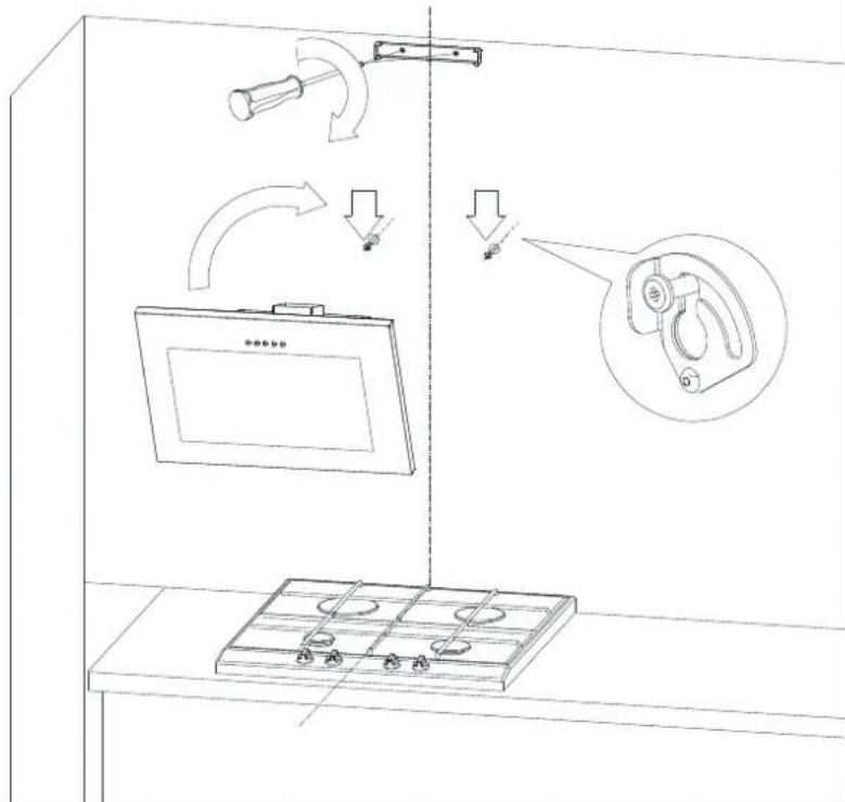 Technical diagram showing installation steps of a kitchen appliance with labeled components and directional arrows