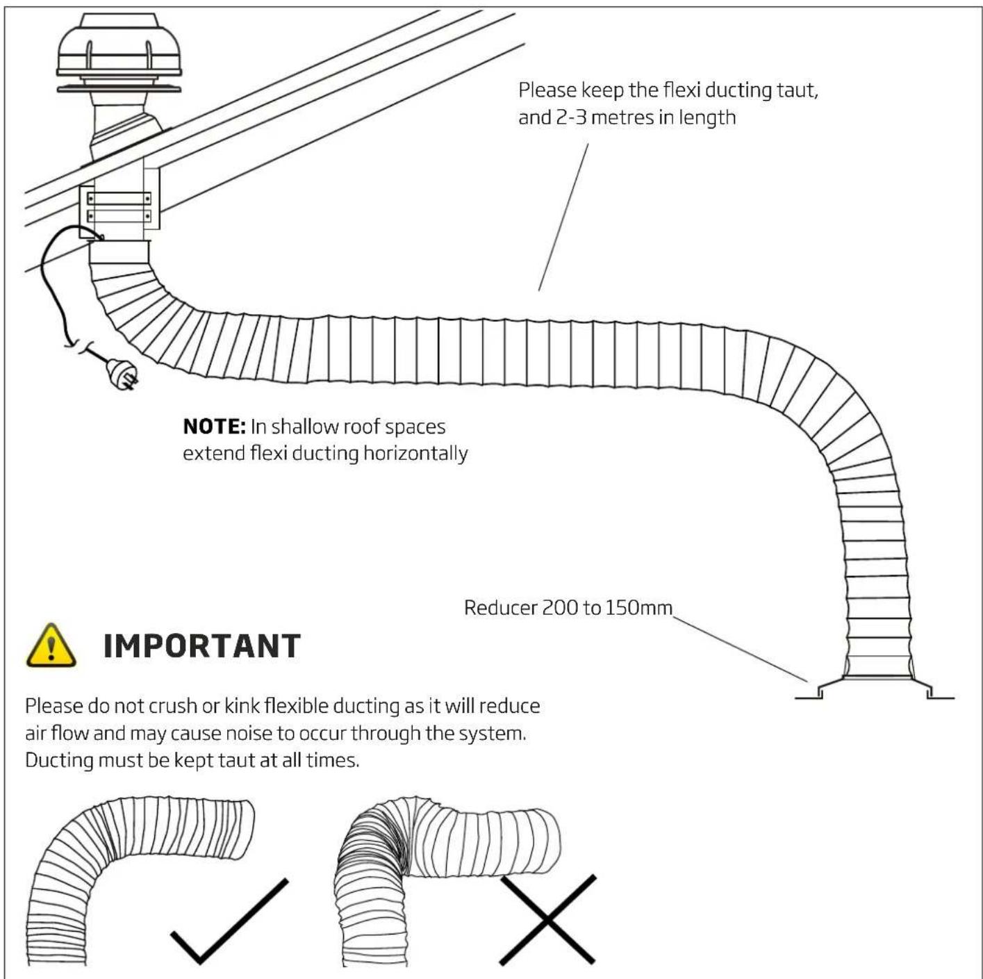 Please keep the flexi ducting taut, and 2-3 metres in length NOTE: In shallow roof spaces extend flexi ducting horizontally Reducer 200 to 150mm IMPORTANT Please do not crush or kink flexible ducting as it will reduce air flow and may cause noise to occur through the system. Ducting must be kept taut at all times.