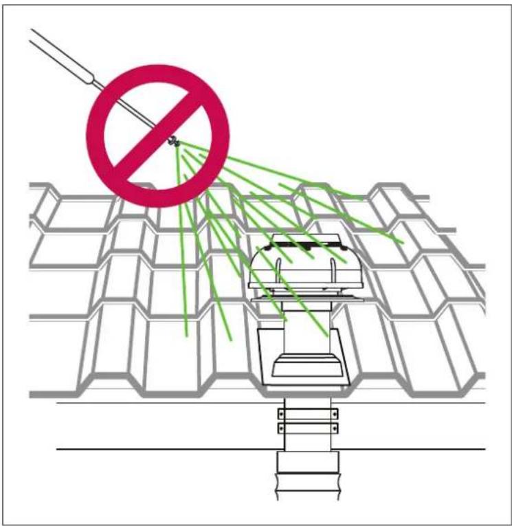 Safety warning diagram showing a no-smoking symbol above a grid structure with green laser lines and a robot below.