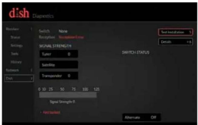 dish Diagnostics Switch None Reception Acceptable Line Signal STRENGTH Tuner 0 Satellite Transponder 0 0 10 25 50 75 100 125 Signal Strength 0 + Hard Isolation Text Installation % Details +8 Switch STATUS Alternate Off