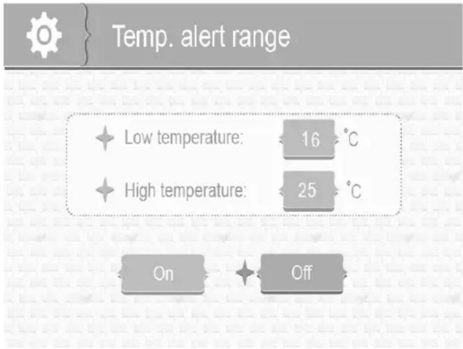Temp. alert range Low temperature: 16 °C High temperature: 25 °C On Off