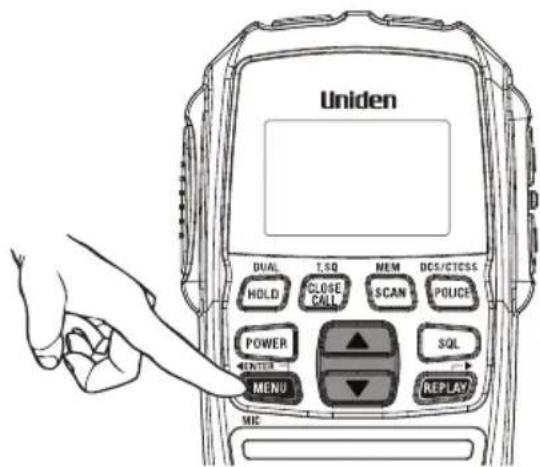 Uniden DUAL T.SQ MEM DCS/CTCSS HOLD CLOSE CALL SCAN POLICE POWER SQL ENTER MENU REPLAY ME