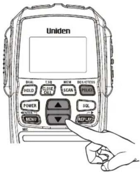 Uniden DUAL T.SQ MEM DCS/CTSS HOLD CLOSE CALL SCAN POLICE POWER SQL ENTER MENU REPLAY MIC