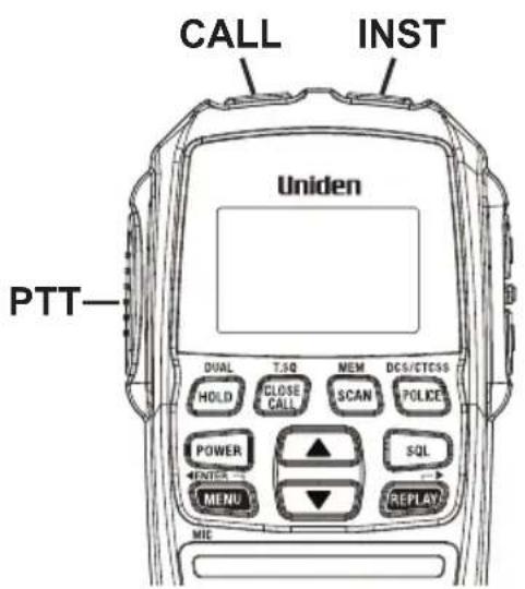 CALL INST PTT— Uniden DUAL T.SQ MEM DCS/CTCSS HOLD CLOSE CALL SCAN POLICE POWER SQL ENTER MENU REPLAY MIC