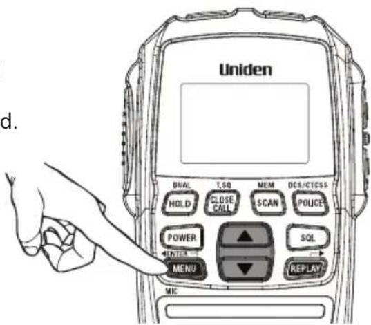 d. Uniden DUAL T.SO MEM DCS/CTESS HOLD CLOSE CALL SCAN POLICE POWER SQL ENTER MENU REPLAY ME
