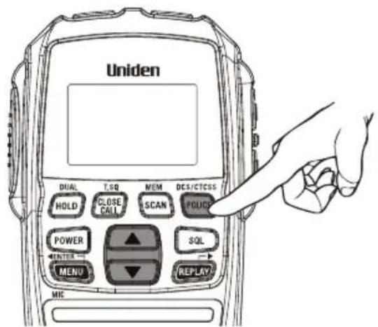 Uniden DUAL T.SQ MEM DCS/CTCSS HOLD CLOSE SCAN POUCH POWER SQL ENTER MENU REPLAY MIC