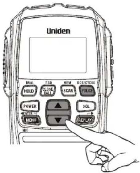 Uniden DUAL T.SQ MEM DCS/CTESS HOLD CLOSE CALL SCAN POWER SQL POWER ENTER MENU REPLAY MIC