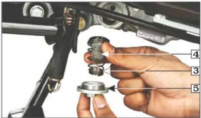 Labeled diagram of a mechanical assembly showing a hand adjusting a bolt and nut component with numbered parts.