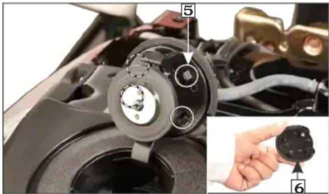Close-up of a car engine component with numbered parts and a close-up of a hand holding a connector pin labeled 6.