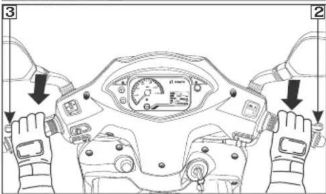 Diagram of a vehicle's steering wheel with labeled parts and directional arrows indicating motion or control.