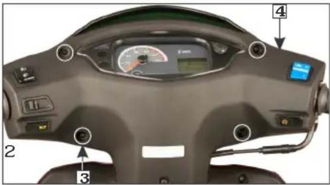 Labeled interior view of a scooter's front dashboard and steering wheel, showing controls, gauges, and buttons