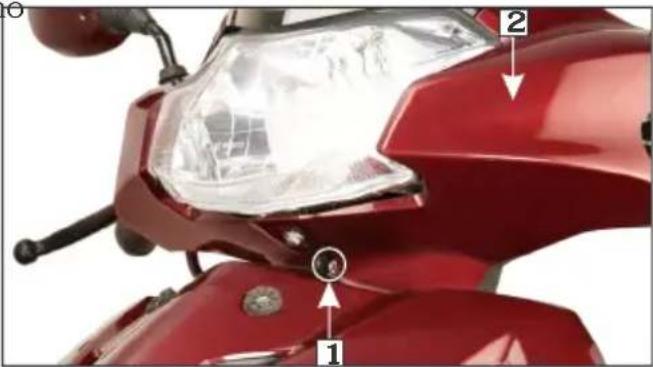 Close-up of a red scooter's head with labeled parts and a circular detail marker