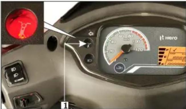 Cropped image of a motorcycle dashboard with red circular gauge, speedometer, and control buttons, showing brand 'Hero' branding.