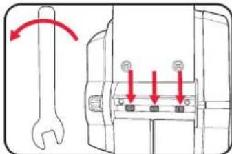 Diagram showing a wrench and a component with red arrows indicating rotation or adjustment, labeled with symbols R and O.