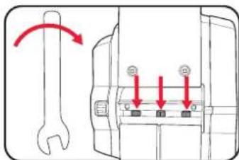 Diagram showing a wrench and its rotation with three red arrows indicating clockwise motion, likely illustrating a mechanical or electrical component.