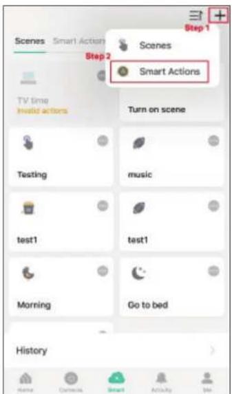 Step 1 Scenes Smart Actions Step 2 Smart Actions TV time held actors Turn on scene Testing music test1 test1 Morning Go to bed History