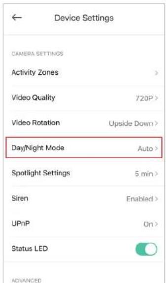 Device Settings CAMERA SETTINGS Activity Zones > Video Quality 720P > Video Rotation Upside Down > Day/Night Mode Auto > Spotlight Settings 5 min > Siren Enabled > UPnP On > Status LED ADVANCED
