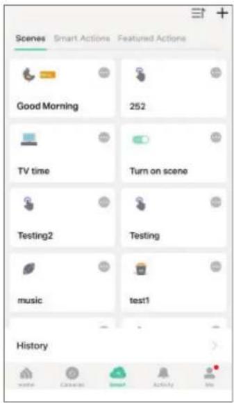 Scenes Smart Actions Featured Actions Good Morning 252 TV time Turn on scene Testing2 Testing music test1 History